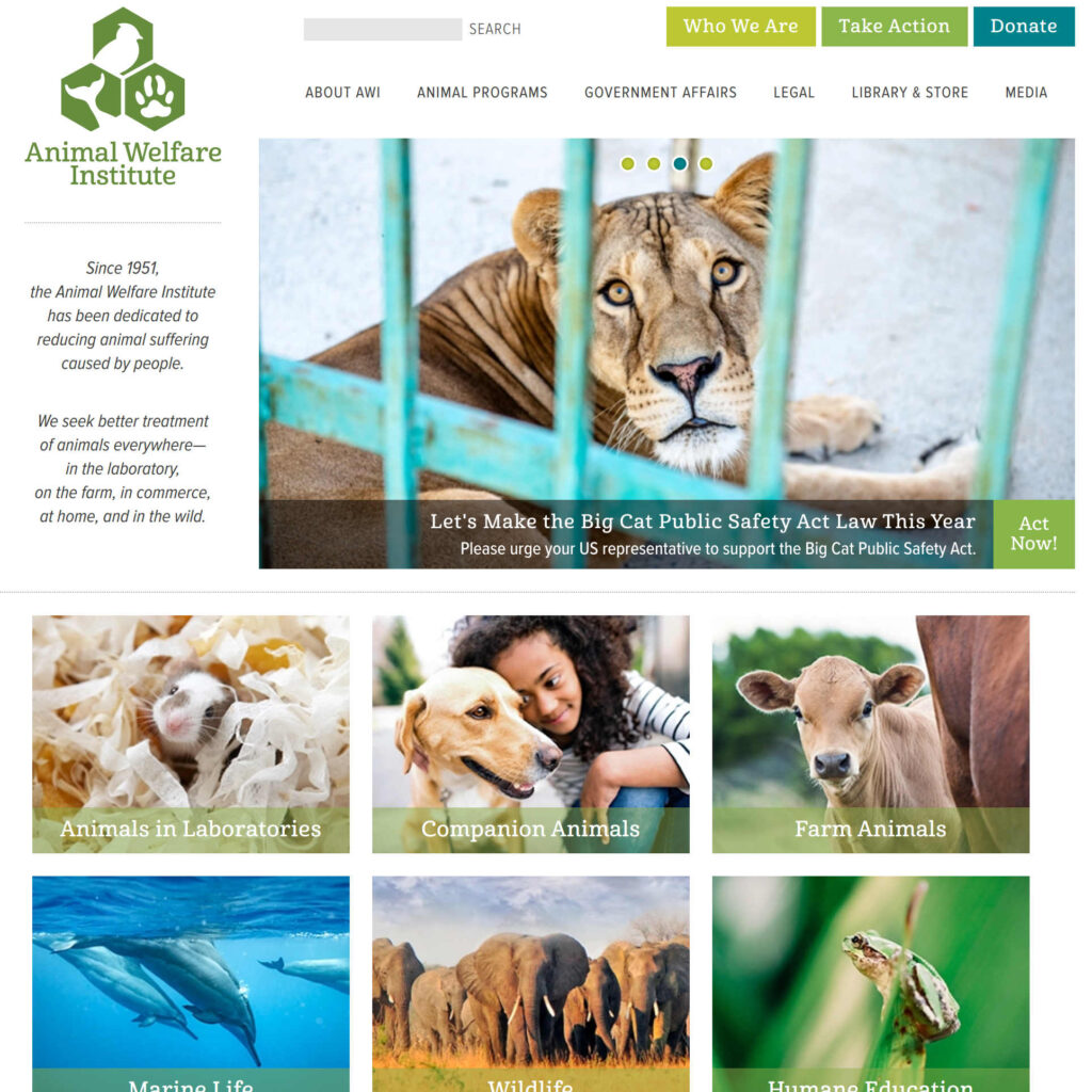 https://awionline.org/ screenshot, 4/28/21. Animal Welfare Institute Animal Welfare Institute